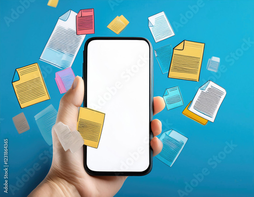 Smartphone held in hand with white screen, colorful floating documents around on light blue background photo