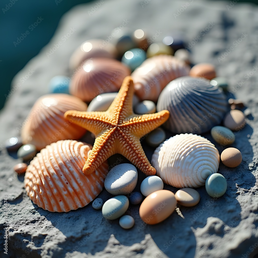 Vibrant Coastal Treasures Intricate Seashells and Starfish in Meticulous Detail Vibrant Coastal Treasures Intricate Seashells and Starfish in Meticulous Detail