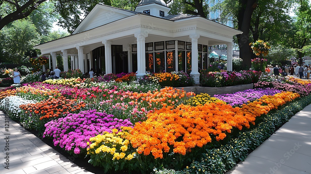 Obraz premium A white wooden chapel with a vibrant garden of roses and tulips in front