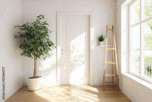 Fotografie Bright and airy interior with a potted plant and ladder near a sunny window