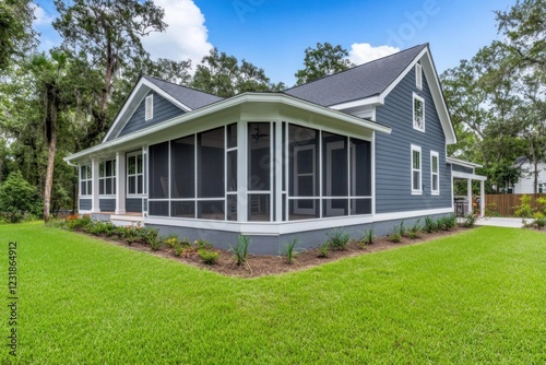 Charming blue farmhouse with screened porch, lush lawn, and landscaping.