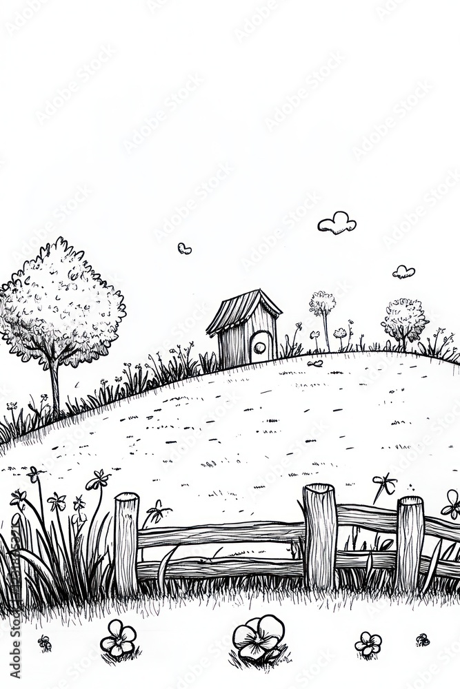 Fototapeta premium A black and white illustration of a small house on a hill with a wooden fence and flowers in the foreground.