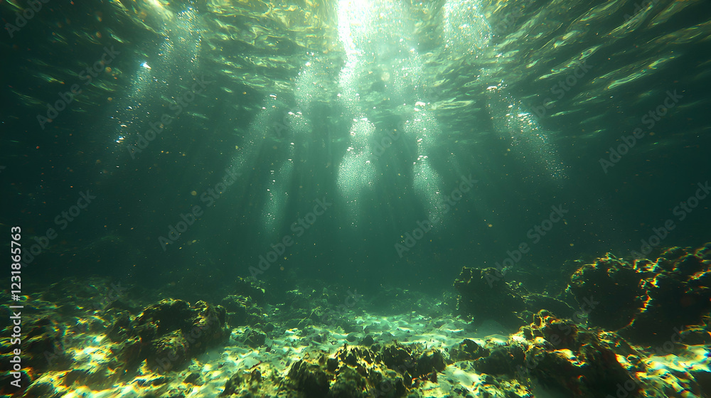 Fototapeta premium Underwater sunbeams illuminate ocean floor