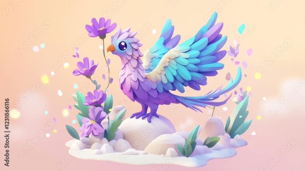 Obraz premium Pastel bird on rock, flowers, soft background; children's book illustration