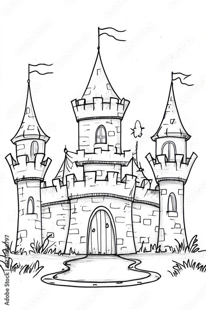 Obraz premium A black and white line drawing of a castle with three towers, a moat, and a drawbridge.