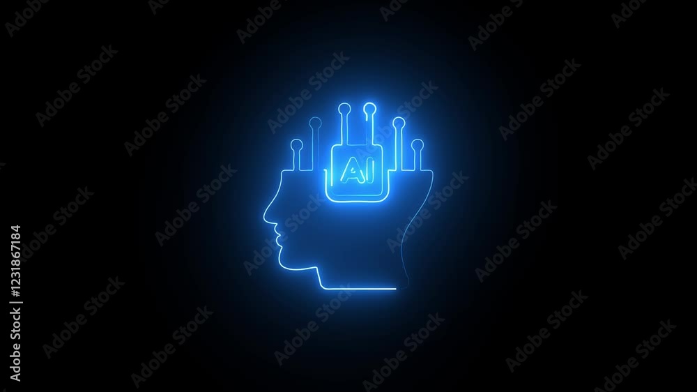 AI icon animation by cyan color neon on black background. AI icon animation by cyan color neon on black background.