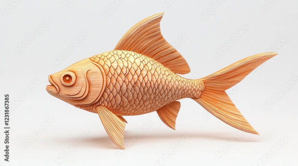 Fototapeta premium Orange Wooden Fish Sculpture on White Background
