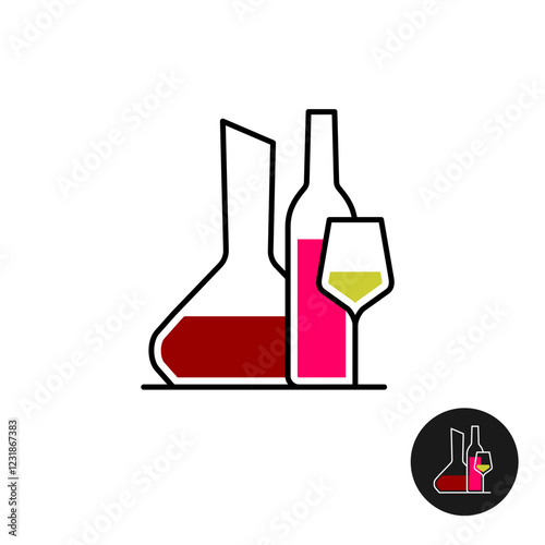 Wine logo. Wine tasting party line style elegant concept symbol. Shapes of decanter, wine bottle and glass filled with different color liquid. Red, rose and white wines set. Adjustable stroke.