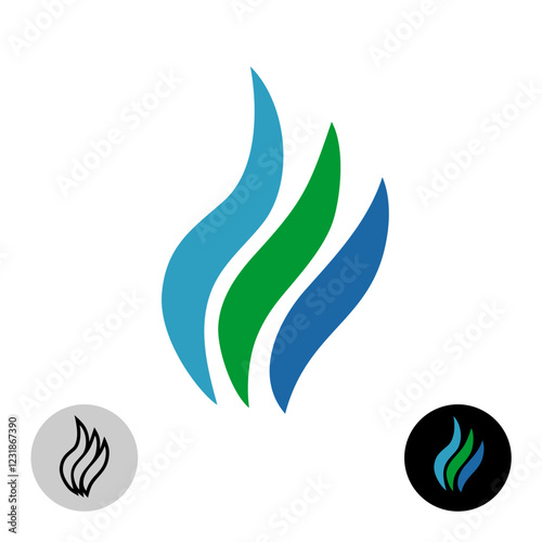 Blue flames elegant logo. Three flame shapes of blue and green colors. Gas research and development concept symbol.