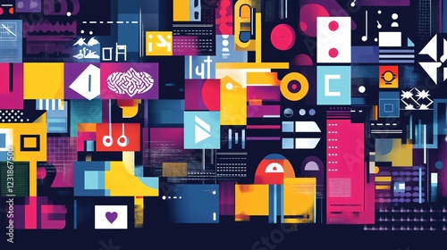 Professional Dark Background with Collage of Words: Graphic Design Inspiration for Content Creation and Marketing Displays