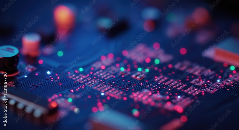 Fototapeta premium Close-up of a circuit board with colorful lights and intricate details