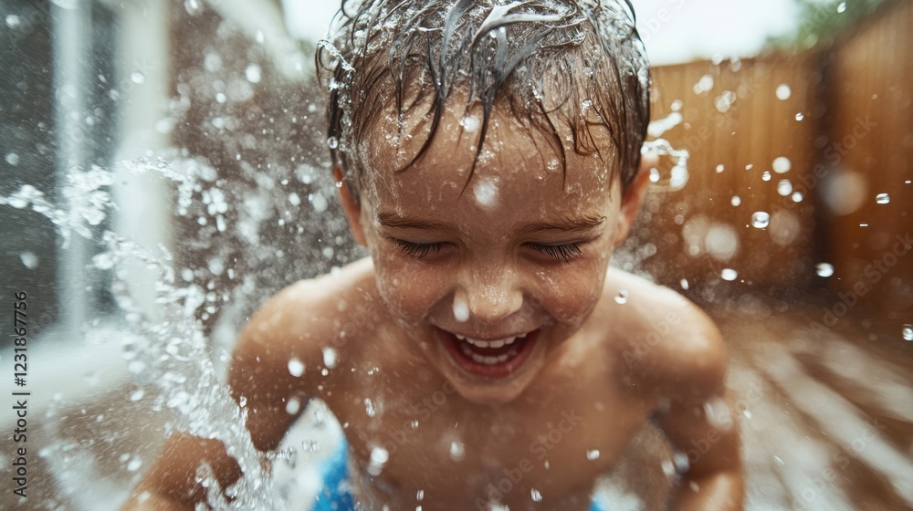 Joyful child dashes through backyard sprinkler on a sunny summer afternoon Joyful child dashes through backyard sprinkler on a sunny summer afternoon