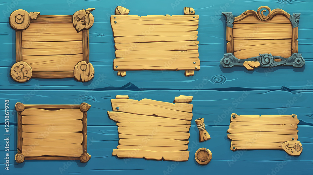 Game ui menu interface, scrolls and antique parchments on blue wooden boards. Cartoon wood textured planks, gui graphic elements. User panel with settings, options or adventure isolated 2d vector set