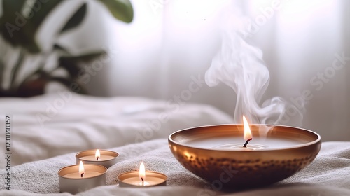 A serene and calming aromatherapy setup featuring a lit candle in a brass bowl, releasing a delicate stream of smoke. The warm candlelight illuminates a soft, textured background, creating a peaceful