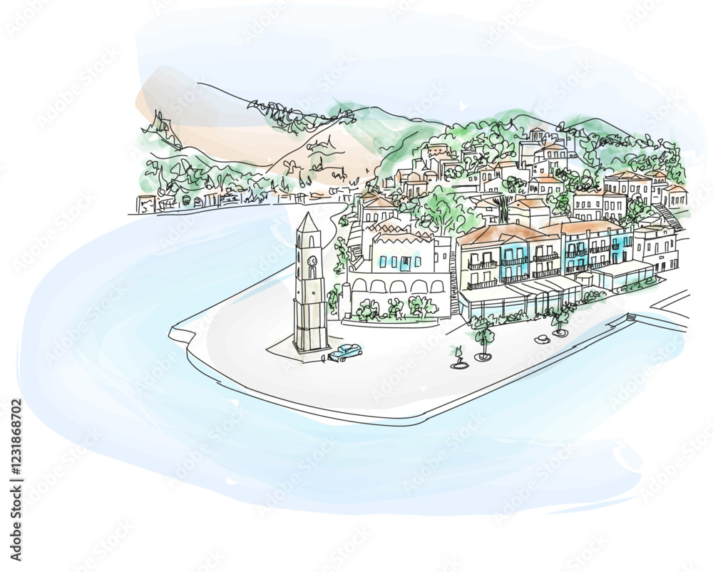 Aerial view of the beautiful greek island of Symi with colourful houses and small boats. Greece, Symi island, vector illustration