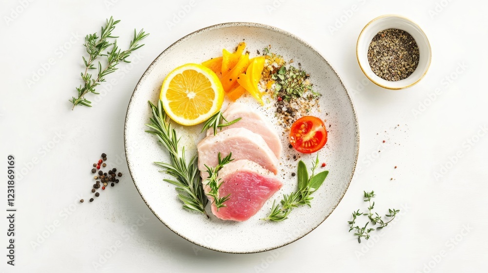 Raw chicken fillet on plate with tomato, spices and dill on black background. Raw chicken fillet on plate with tomato, spices and dill on black background.
