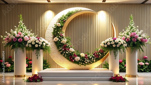 Islamic 3d podium round stage for Eid Mubarak, Ramadan Kareem, Muharram, Iftar on color background. 3d ramadan kareem background gold crescent decoration with golden lamp and podium
