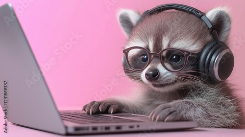 An adorable raccoon with round glasses and sleek headphones focuses intently on a laptop, immersed in a digital world. The soft pink background enhances the futuristic yet charming feel of the image