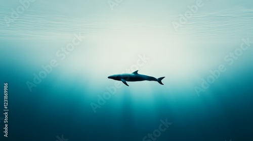 Pygmy right whale swimming underwater in a deep blue ocean with sun rays filtering through the surface, creating a tranquil and captivating underwater scene