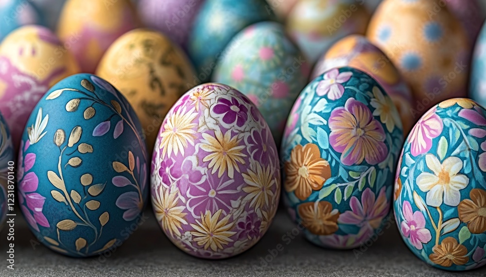Close Up of Easter Eggs with Stunningly Beautiful and Detailed Floral Patterns, Perfect for Spring Close Up of Easter Eggs with Stunningly Beautiful and Detailed Floral Patterns, Perfect for Spring