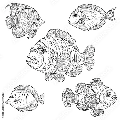 Set of 5 sea fish.Coloring book antistress for children and adults.