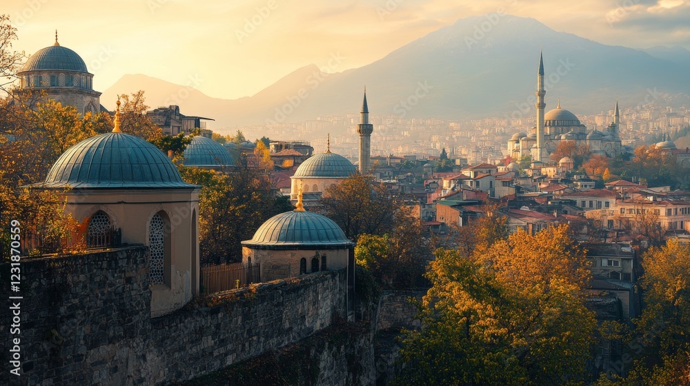 Fototapeta premium Golden Hour over Historic Istanbul A Panoramic View with the Majestic Suleymaniye Mosque