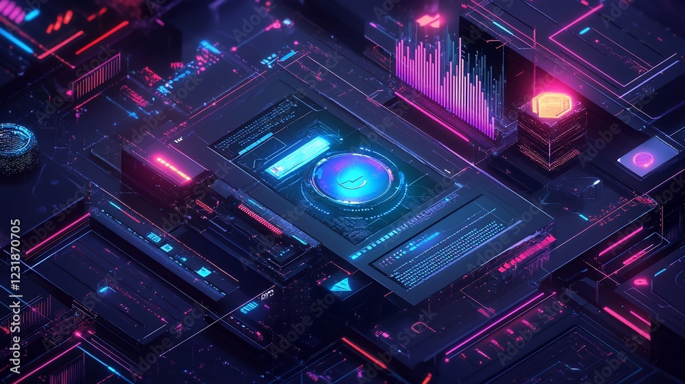 Obraz premium Futuristic digital interface, glowing neon elements, data visualization, abstract background, tech concept