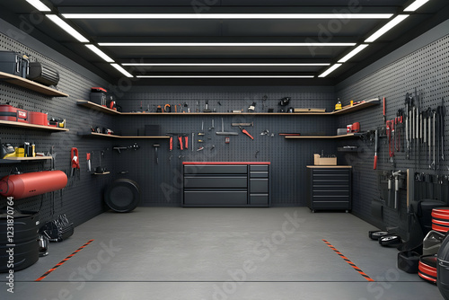 Clean and organized garage with tools neatly arranged on walls and shelves, showcasing functionality and efficiency