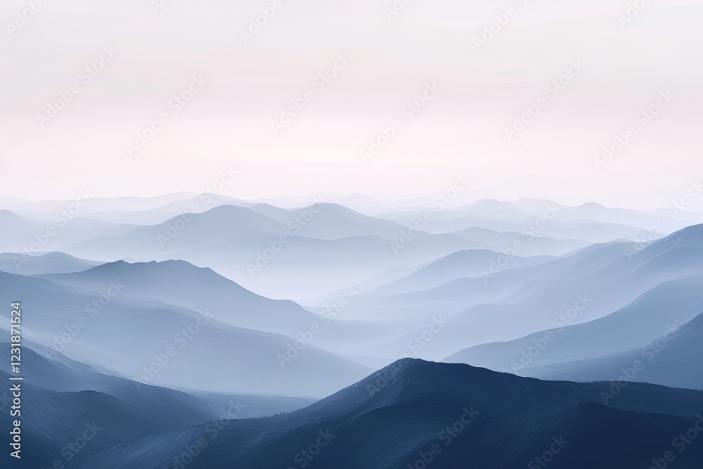 Fototapeta premium Serene blue mountain range landscape in misty haze.
