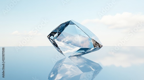 Large, clear crystal reflecting a cloudy blue sky rests on a smooth, reflective surface, creating a serene and minimalist composition that evokes feelings of tranquility and elegance photo