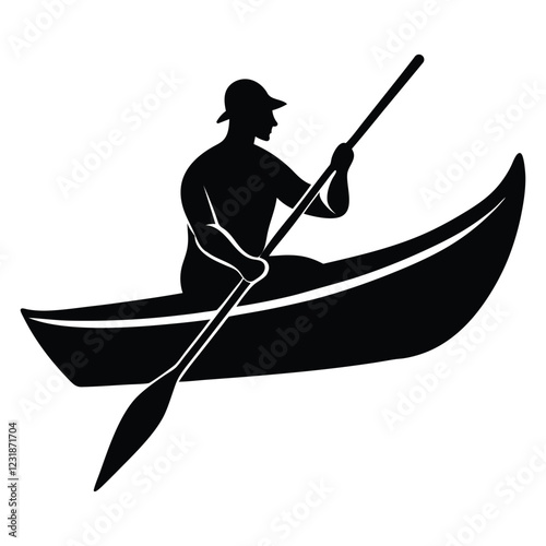 A vector illustration depicting the silhouette of an individual paddling a canoe