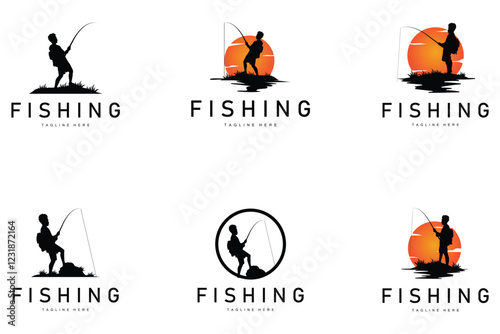 fishing logo black silhouette angler design and outdoor sunset