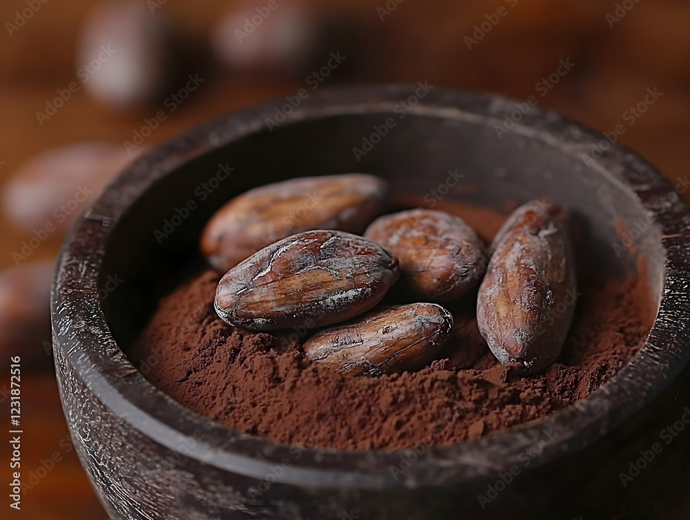 Cocoa beans and powder in bowl Cocoa beans and powder in bowl
