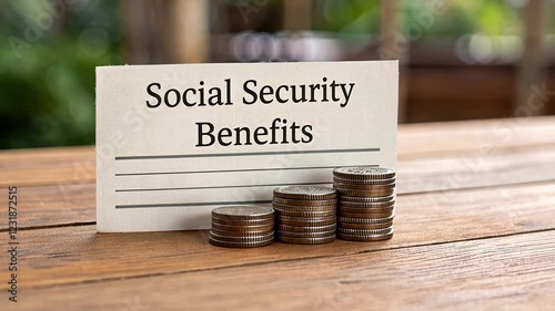 Social security benefits concept, Social Security benefits with coins on a table