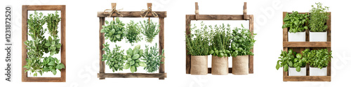 Vertical indoor herb garden in eco friendly wooden planter boxes displayed on a wall shelf  Assortment of fresh green herbs like rosemary thyme basil and parsley in a nature inspired home decor setup