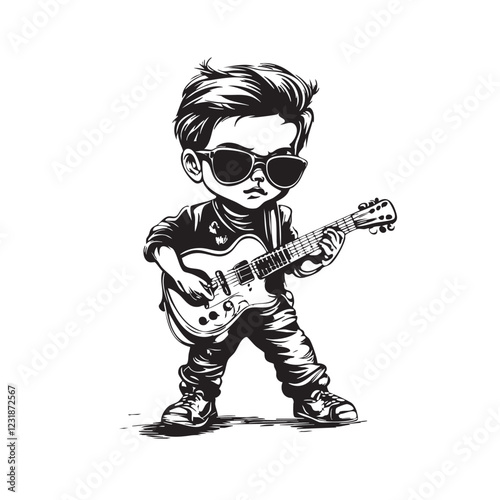 Vector of cool cartoon-style illustration of a young rockstar boy with sunglasses, messy hair, and an electric guitar, exuding confidence and attitude.