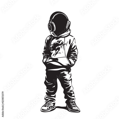 Vector of a cool young boy in a hoodie, cap, and headphones, hands in pockets, exuding urban street style and attitude.