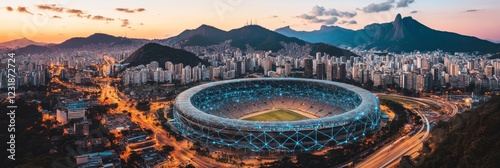 Aerial View of Illuminated Maracana Stadium and Cityscape at Sunset, Rio de Janeiro, Brazil photo