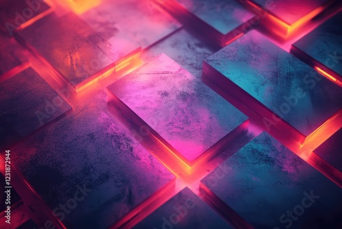 A series of geometric shapes glowing against a dark background, creating a vibrant, abstract design.