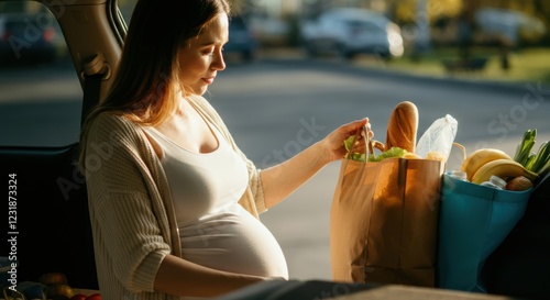 Pregnant woman unloading groceries from her car, enjoying a sunny day