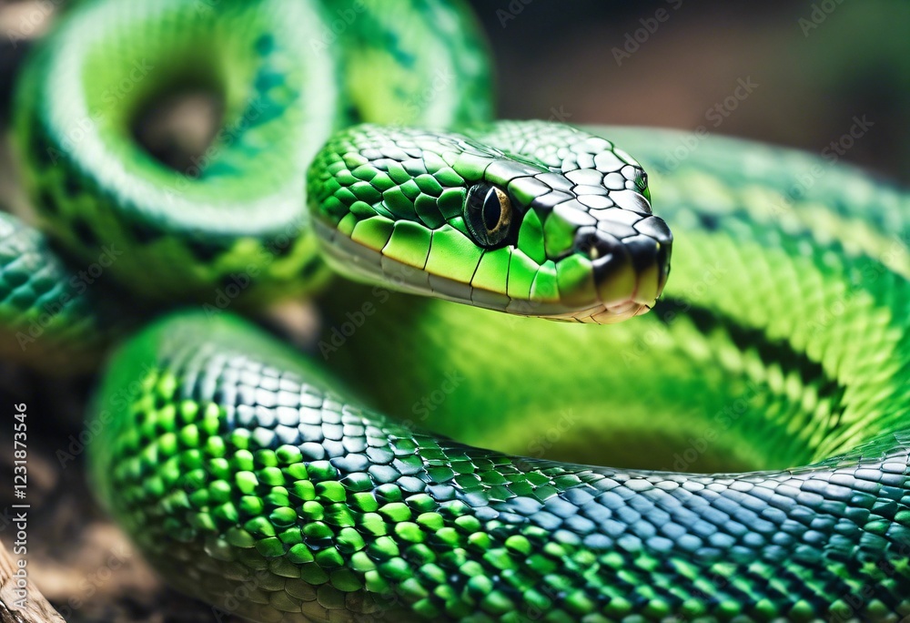 Vibrant green snake close-up in natural habitat. Vibrant green snake close-up in natural habitat.