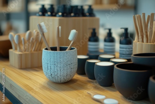 A wooden table filled with everyday objects such as bowls and toothbrushes photo