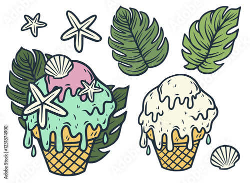 Waffle cones holding melting ice cream, adorned with seashells, starfish, and monstera leaves, presenting summery sweet refreshment