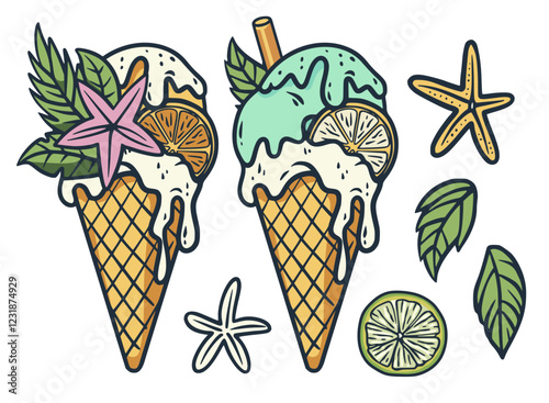 Waffle cones filled with fruity ice cream scoops, decorated with citrus wedges, starfish, and tropical foliage, representing refreshing summer sweetness