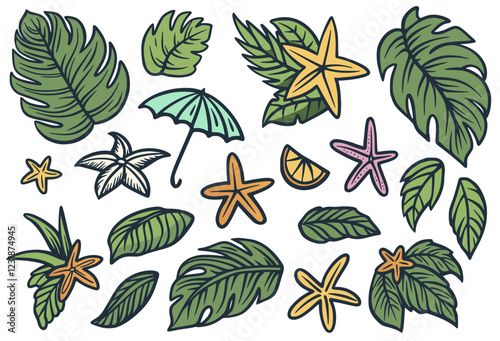 Hand drawn tropical elements including palm leaves, starfishes, a slice of citrus fruit, and a beach parasol evoke a relaxing summer vacation vibe, summer set