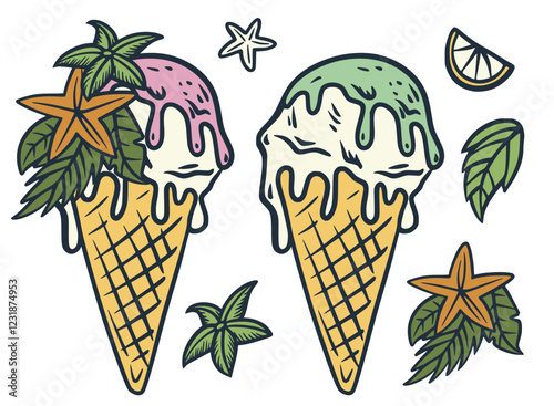 Waffle cones overflowing with melting ice cream, surrounded by tropical leaves and starfishes, capturing the joyful essence of summer desserts and indulgent treats