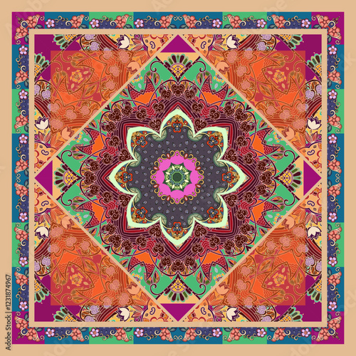 Vintage silk scarf with floral mandala on ornamental background. Bandana print, square scarf, carpet, pillowcase with ethnic motifs. Fantasy pattern.