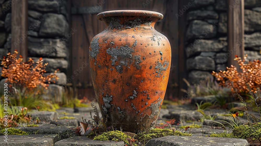 A large clay pot placed at the entrance of a rustic home. HD 8K wallpaper Photographic Image A large clay pot placed at the entrance of a rustic home. HD 8K wallpaper Photographic Image