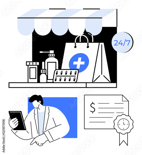 Online pharmacy store front with awning, medicine bottles, pills, bags man using tablet, certificate, clock. Ideal for healthcare, e-commerce, telemedicine convenience digital health