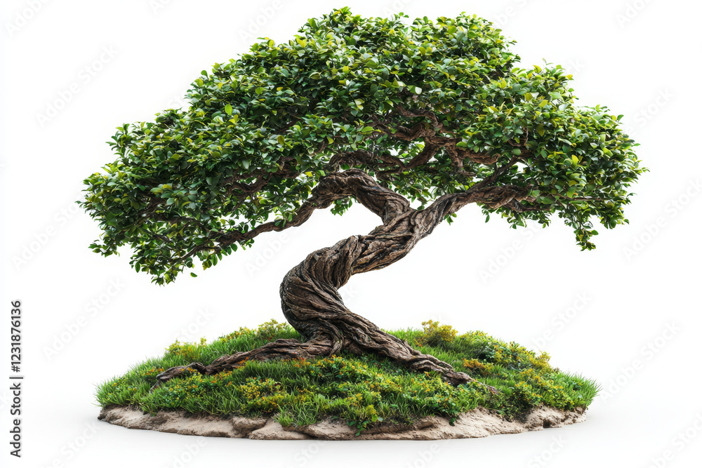 Lush green bonsai tree with a gnarled, twisting trunk, nestled on a grassy mound. Lush green bonsai tree with a gnarled, twisting trunk, nestled on a grassy mound.